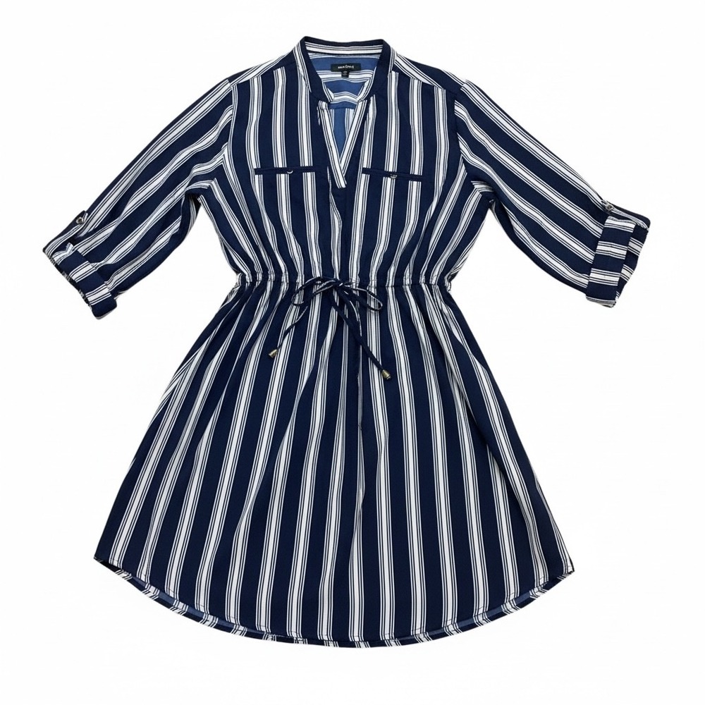 Indulge Style Womens 1X Navy White Striped Roll Tab Sleeve Shirt Dress Nautical